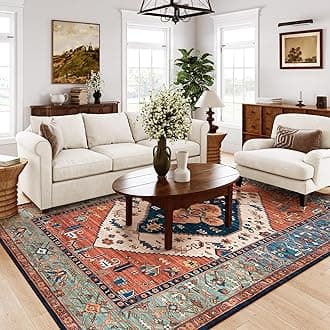 Area Rugs 9x12 Living Room - Boho Non-Slip Washable Rug Ultra-Thin Stain Resistant Large Carpet Throw Non Shedding Dining Room Mat, Oriental Print Carpet for Bedroom Adelyn (Rust, 9'x12')