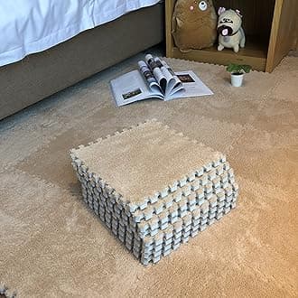 Interlocking Carpet Shaggy Soft EVA Foam Mats Fluffy Area Rugs Protective Floor Tiles Exercise Play Mat for Children Kids Room Home Parlor Bedroom (12 pcs, Khaki)