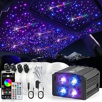 Car Starlight Headliner Kit, 4 Colors 32W Twinkle & Meteor Fiber Optic Ceiling Lights, 2 in 1 Light Engine 1200pcs*0.03in*13.1ft+240 RGBW Shooting Stars Lights for Car Roof Décor