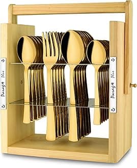 Parage 25 Pieces Stainless Steel Cutlery Set with Wooden Hanging Stand for Dining Table (Contains: 6 Tea Spoons, 6 Table Spoons, 6 Table Forks, 6 Dinner Spoon), Stylish Premium PVD Gold Spoon Set