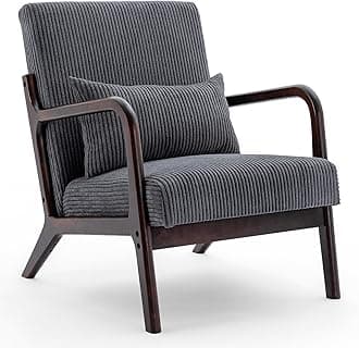 Mid Century Modern Accent Chair, Arm Chair Living Room Chairs with Lumbar Pillow Upholstered Lounge Reading Chair with Solid Wood Frame & Corduroy Fabrics for Living Room Bedroom (Dark Grey)