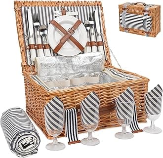 Wicker Picnic Basket for 4 with Large Insulated Cooler Compartment and Waterproof Picnic Blanket, Cutlery Service Kits, Wicker Picnic Hamper for Camping, Valentine Day,Thanks Giving,Birthday(Grey)