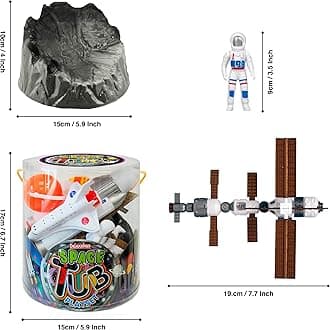 Tub Playset -Space from Deluxebase. Space Toys Figurine Set for Kids with Reusable Tub. 8 Piece Imagination Toys Playset with Toy Storage including Astronauts, Planets, Space Shuttle and Accessories.