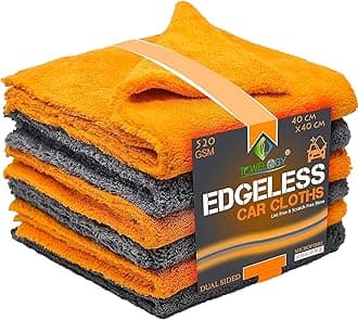 Towelogy® 520gsm Professional Microfibre Edgeless Car Cloths QUICK DRY for Auto/Moto Detailing Polishing Washing STREAK FREE & LINT FREE 40x40cm (Grey/Orange, Pack Of 2)