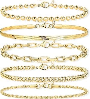 Poxtex Gold Bracelets for Women, 14K Real Gold Dainty 7" +2" Adjustable Multilayer Trendy Bracelets Set for Women Waterproof Inclued Beaded, Cuban, Paperclip, Snake, Rope, Figaro, Mirror, Satellite