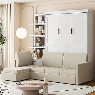 Ball & Cast Murphy Bed Queen Size Wall Chest with Sofa and Shelves,Wood Hideaway Cabinet Platform Bedframe w/Slat Support,can be Folded,Space-Saving,for Small Room,Dorms,White
