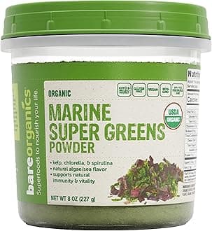 BareOrganics Marine Super Greens Powder – USDA Organic, Vegan, Gluten-Free, Non-GMO, BPA-Free, Superfood Powder with Organic Kelp, Spirulina & Chlorella - 8 oz