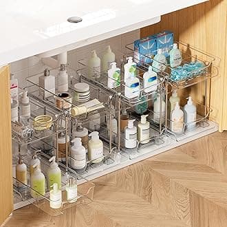 4 Pack 2 Tier Bathroom Under Sink Organizers and Storage, Clear Kitchen Pantry Organization, Pull Out Medicine Cabinet Organizer with Movable Dividers