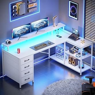 SEDETA L Shaped Desk with 4 Drawers and Storage Shelves, L Shaped Gaming Desk with LED Lights & Power Outlets, Computer Desk with Shelves & Drawer, Corner Desk Home Office Desk, White