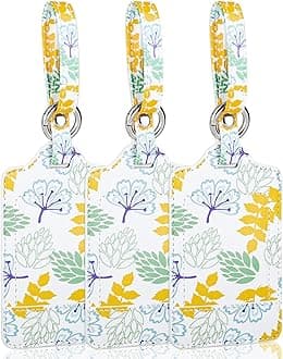Teskyer Luggage Tags, 3 Pack Premium PU Leather Luggage Tags Privacy Protection Travel Bag Labels Suitcase Tags, 2.7*4.2inch, PRINT-FL07, Leaves