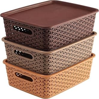 Kuber Industries Multipurpose Solitaire Storage Basket with Lid|Strong Plastic Material & Side Grip|Size Large 36 x 30 x 14, Pack of 3 (Multi)-CTLTC10908, Square