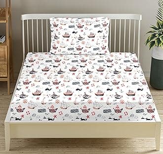 Trance Home Linen 180 TC| 100% Cotton Kids Collection Skin Friendly Flat Bedsheet for Single Bed| Kids Cartoon Print Bedsheet with 1 Pillow Cover(60x100 inch | 5ft x 8.3ft - Boat Orange)
