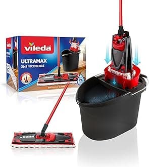 UltraMax Flat Mop and Bucket Set - Red, Hands-Free Wringing, Machine Washable Microfibre Flat Mop Head, 180° Swivel Head To Clean Hard to Reach Area’s, Suitable for All Hard Floor Types