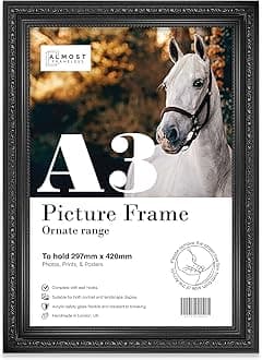 Almost Frameless A3 Black Ornate Picture Frame Fits A3 (29.7 x 42cm - 11.7 x 16.5in) Poster, Photo, Artwork, or Print. Baroque Style Portrait and Landscape Display with Wall Hooks