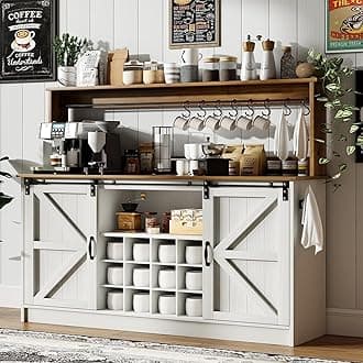 4ever2buyFarmhouse Coffee Bar Cabinet with 8 Hooks, 55 Inch Coffee Bar with Storage Hutch, White Wine Cabinet with Sliding Barn Doors and 12 Racks for Living Dining Room