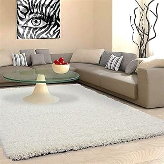 Plain Shaggy Rugs Living Room & Bedroom Soft Touch 5 CM Thick Pile Modern Bedroom Living Room Area Rugs Non Shed 6 x 8 Ft Size, Cream Ivory