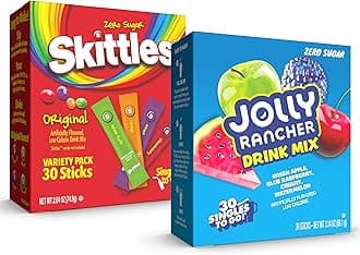 Jolly Rancher & Skittles Drink Mix Variety Pack – 60 Singles to Go Powdered Drink Mix Sticks – Zero Sugar, Low Calorie Water Flavor Packets – Fruity Candy Flavors – Green Apple, Strawberry & More