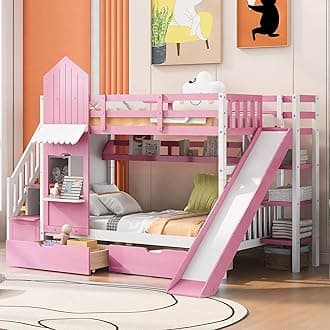 Twin-Over-Twin Bunk Beds Castle Style Bunk Bed with 2 Drawers 3 Shelves and Slide - Pink