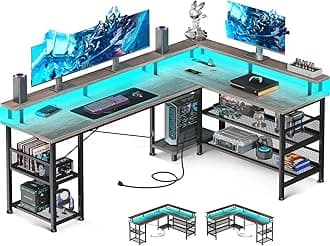 66" L Shaped Gaming Desk with Power Outlet and LED Lights, PC Gaming Table with USB Ports, Reversible L Shaped Desk with Storage Shelves & Monitor Stand, Home Office Desk, Grey Oak