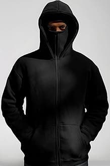 Plain Cotton Hooded Neck with Mask Stylish Balaclava Black Zipper Hoodie