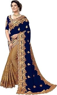 TRENDMALLSWomen's Silk Satin Embroidery Saree with Unstitched Blouse