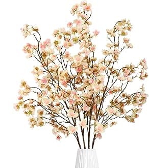 Sggvecsy Artificial Cherry Blossom Flowers 4 Pcs Faux Cherry Blossom Stems Faux Silk Cherry Blossom Branches 41’’ Fake Flowers Long Stems for Vase Arrangements Home Wedding Table Decor (Champagne)