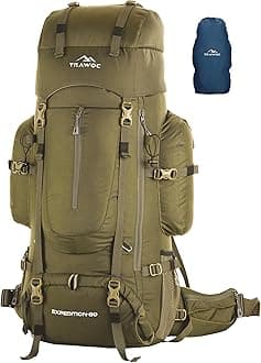 TRAWOC EXPEDITION 80L Travel Backpack Camping Hiking Rucksack Trekking Bag for Men & Women with Water Proof Rain Cover/Shoe Compartment BHK001 Olive Green