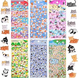 Jactales Cute Mini Puffy Animal Stickers for Girls Adults-Kawaii Tiny 3D Penguin Cat Puppy Panda Bear Stickers for Kids,Small Raised Puff Stickers for Notebook Phone Digital Camera Deco,6 Sheets.