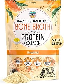 Organic Beef Bone Broth Powder, 100% Grass Fed, Probiotics, Collagen, 15G Protein, Non-GMO, Low Sodium, for Gut Health, Paleo, Keto, Gluten Free
