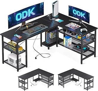 L Shaped Gaming Desk, 150 x 102 cm Reversible Computer desk with 2 Sockets and 2 USB Charging Ports, Corner Desk with Storage for Home Office Black