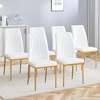 Dining Chairs Set,Modern Dining Room Chairs Set for 6, Kitchen Dining Chair Set of 6, White Faux Leather Upholstered Dining Chairs Set of 6 with Golden Legs, Sillas De Comedor for Dining, Kitchen