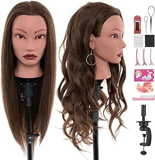 20" Mannequin Head Human Hair,100% Real Hair Mannequin Head,Cosmetology Human Hair Mannequin Doll Head for Hair Styling,Practice Braiding Styling Head with Table Clamp Suitable for Hair Extensions