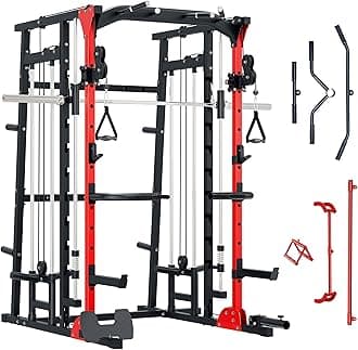 Major Fitness SML07 Machine All-in-One Home Gym Power Cage with Weight Bar and Two LAT Pull-Down Systems and Cable Crossover Machine, Exercise Attachment