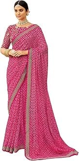 SIRIL Women's Bandhani Printed Embroidery Lace Georgette Saree with Unstitched Blouse Piece