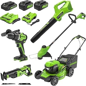 Greenworks 48V (24V x 2) Lawn Mower Combo Kit with 20" Push Mower, 12" String Trimmer, 320 CFM Blower, and Brushless 1/2" Drill Driver, and 1-1/8" Reciprocating Saw Ideal for Yard & Indoor