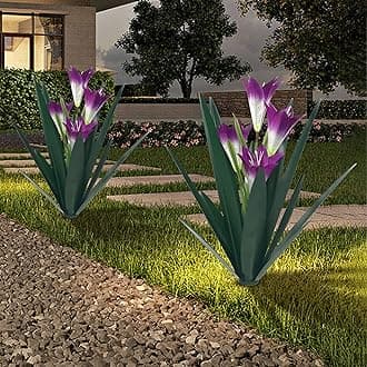 Homight Metal Agave Plant Outdoor Decoration Lily Mexican Yard Art Garden Gift Home Decor Hand Painted Metal Agave Garden Yard Statue, Outdoor Lawn Ornaments (2 Big Purple Lilies)
