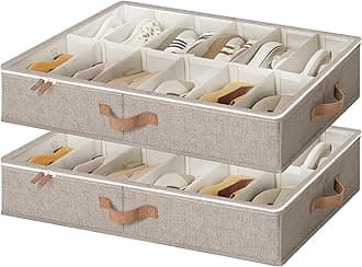 Shoe Organizer for Closet, Fits up to 24 Pairs, 2-Pack Ultra-thick Fabric Under Bed Shoe Storage Containers with Bottom Support and Adjustable Dividers, Taupe