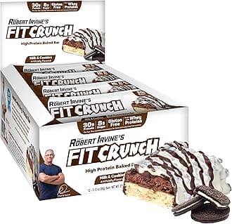 FITCRUNCH Full Size Protein Bars, 6-Layer Baked Bar, 8g of Sugar, Gluten Free & Soft Cake Core (12 Bars, Milk and Cookies)