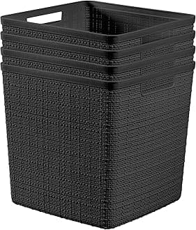 Curver Set of 4 Large Cube 17L Jute Decorative Plastic Organization and Storage Baskets - Perfect Bins for Home Office, Closet Shelves, Kitchen Pantry and All Bedroom Essentials, Black