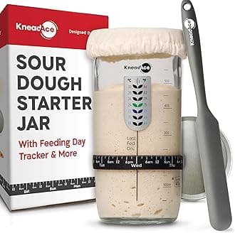 KneadAce Sourdough Starter Jar With Date Marked Feeding Band, Thermometer, Sourdough Fermentation Jar Scraper, Sewn Cloth Cover & Metal Lid, Sourdough Starter Kit