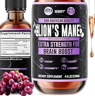 HERBIFY Lions Mane Supplement - Daily Mushroom Supplement for Memory, Focus & Clarity - Brain Booster - Lions Mane Tincture for Immune Support - 4 Fl oz Grape Flavor