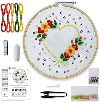 Embroiderymaterial Cute c – Floral Heart Pattern | Includes Hoop, Printed Fabric, Threads, Beads, Sequins, Needles & Step-by-Step Guide | All-in-One Starter Kit