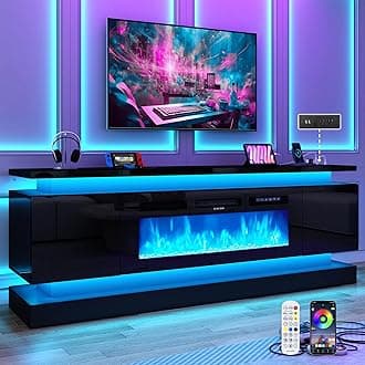 71in Fireplace TV Stands w/40 inch Fireplace Power Outlet for 85/80/75 Inch TV,High Glossy Modern TV Console Gaming Entertainment Center with 2 Storage Cabinets,Dual LED Lights