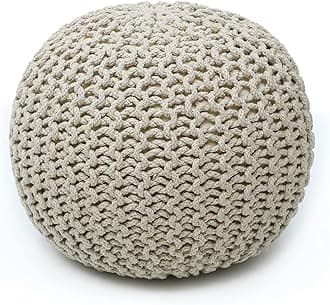 THE HOME TALK Hand Woven Cotton Pouf | Ottoman Footrest | Bean Bag, Floor Chair, Living Room, Bedroom, Kid's Room | Cotton Knitted | Small Furniture | 18" x 18" x 14" | Champagne