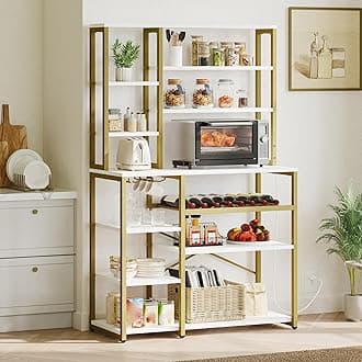 YITAHOME Kitchen Microwave Stand Bakers Rack Coffee Bar with Power Outlet, 39 Inch Large Freestanding Tall Dining Room Storage Shelves for Wine Liquor with Cup Holder, White Gold