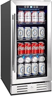15 Inch Beverage Cooler and Kalamera Refrigerator Under Counter Built-in or Freestanding - 96 Cans Capacity Mini Fridge- for Soda, Water, Beer or Wine - For Kitchen or Bar with Blue Interior Light