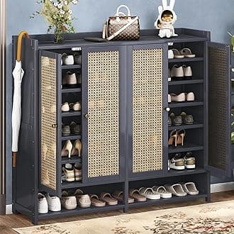 8 Tier Bamboo Shoe Storage Cabinet with Doors, 39-42 Pairs Shoe Rack for Closet, Freestanding Shoe Storage Cabinet for Hallway Living Room (Grey).