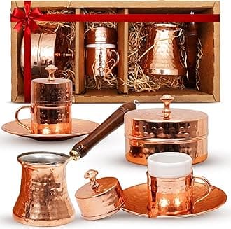 Turkish Coffee Set – Turkish Coffee Maker Set w/ 2 Cups, Sugar Dish, & Copper Pot (Cezve) – Traditional Gifts for Latte Lovers - 7oz