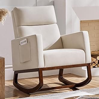 Rocking Chair, Modern Glider Chair, Recliner Armchair with Wood Legs and Side Pocket, Nursery Rocking Accent Chair with High Back for Living Room Bedroom, Beige