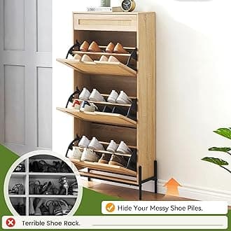 3 Flip Drawers Shoe Storage Cabinet with 1 Drawer, Rattan Shoe Organizer with Metal Legs, Freestanding Narrow Shoe Rack Cabinet for Entryway, Oak